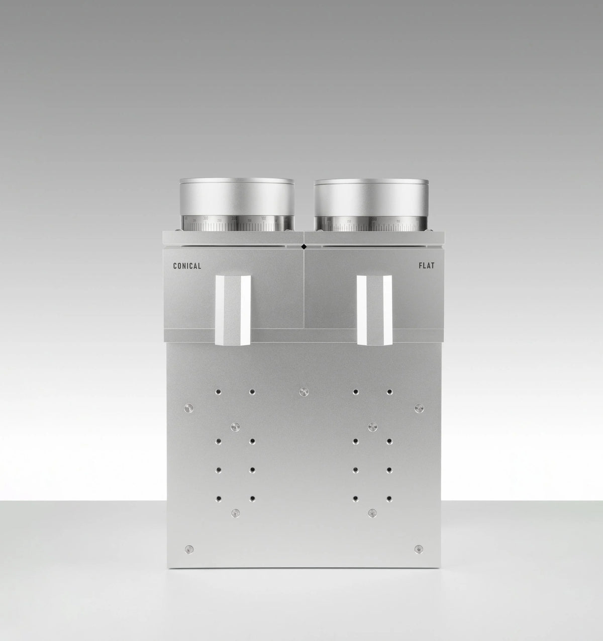 LAGOM GDS dual-geometry grinder in silver, front view