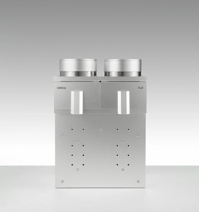 LAGOM GDS dual-geometry grinder in silver, front view