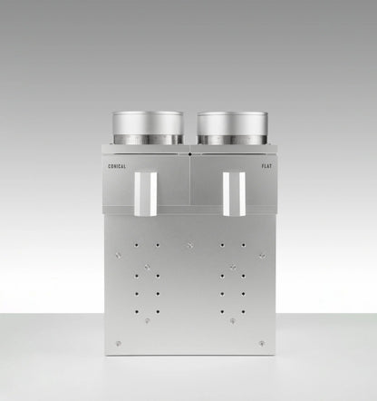LAGOM GDS dual-geometry grinder in silver, front view